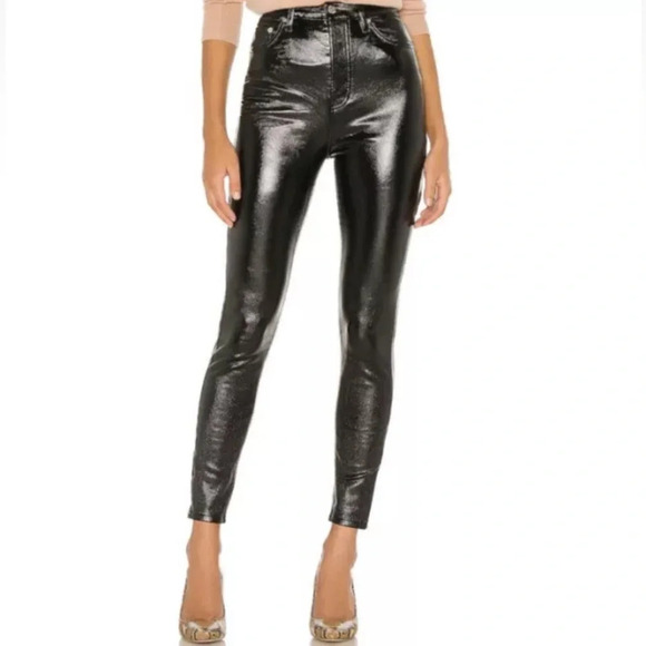 {Free People} High Rise Skinny Leg Coated Faux Leather Button Fly Stretch Pants - Picture 1 of 7